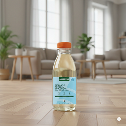 Bouteille de détergent posé sur un sol en parquet