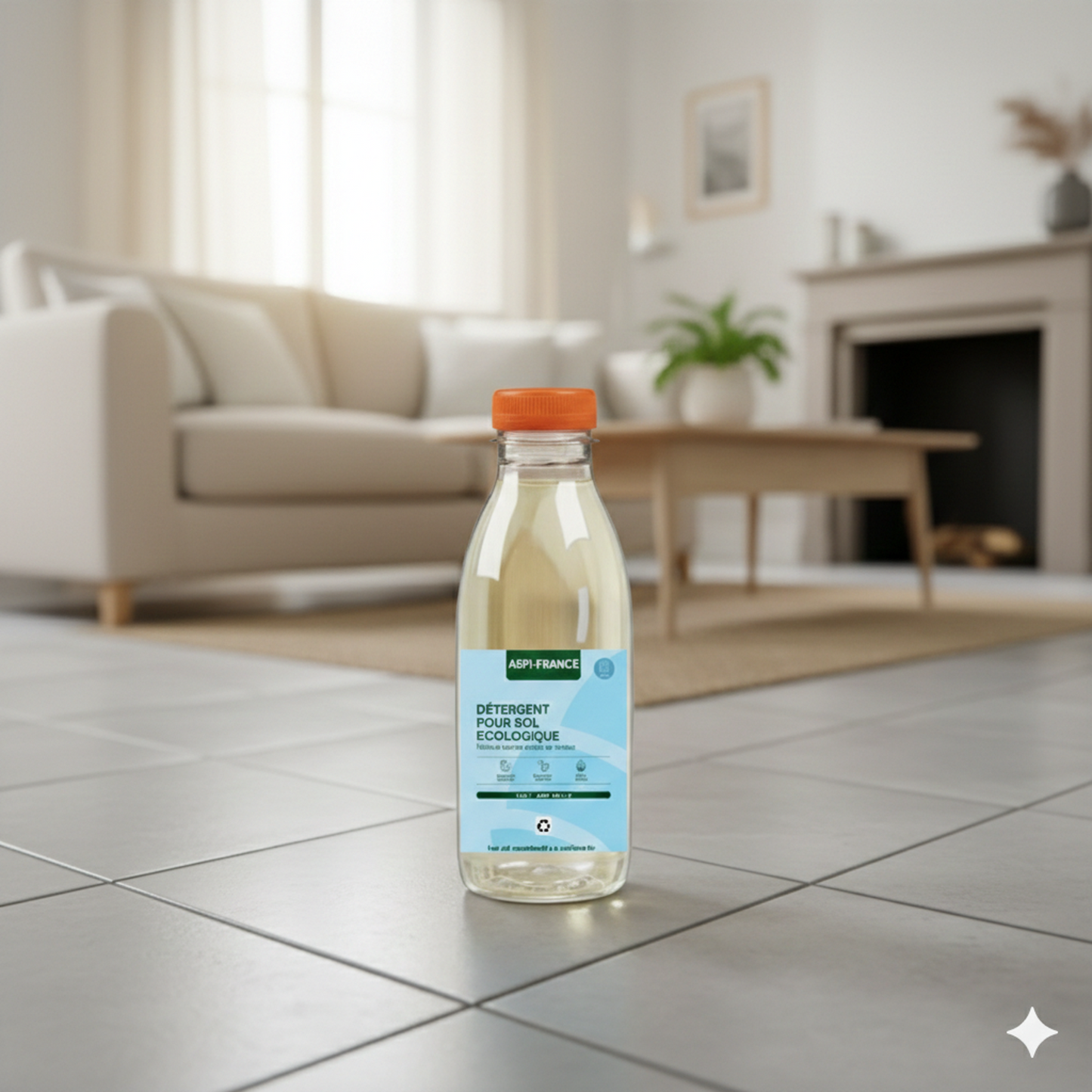 Bouteille de détergent posée sur un sol en carrelage