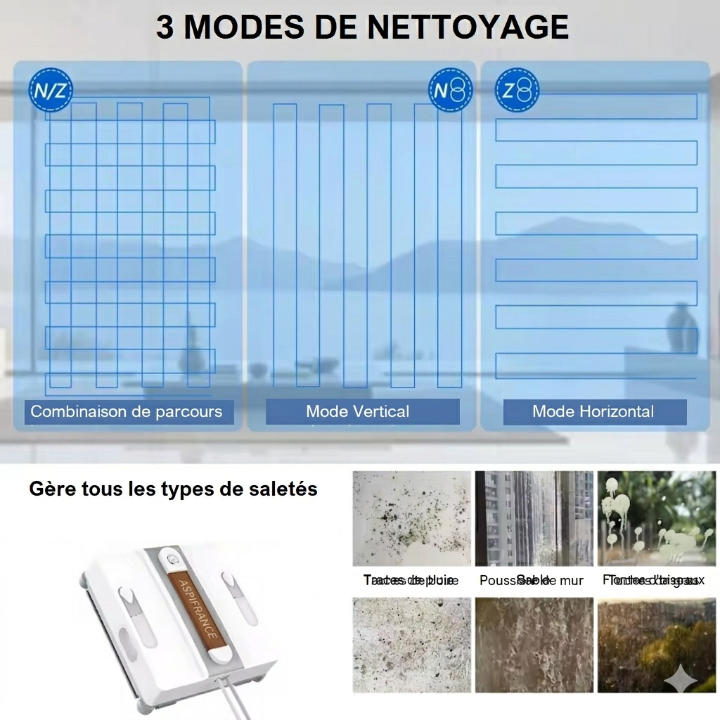 Robot lave-vitre AMG-10 - explication des 3 modes de nettoyage | Aspi-France
