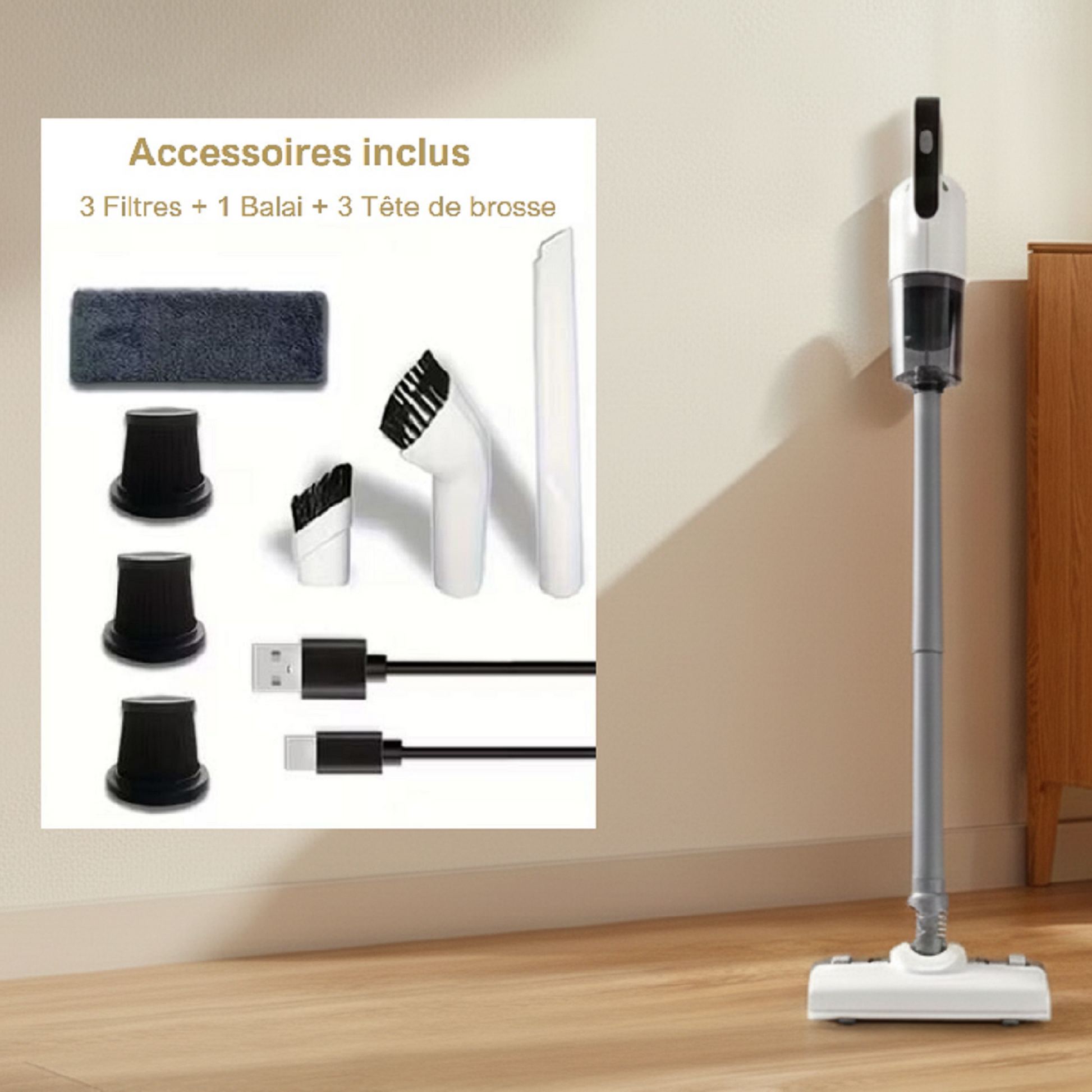 Aspirateur Laveur 2 en 1 First- Modèle BG-02 - Détail de tous les accessoires