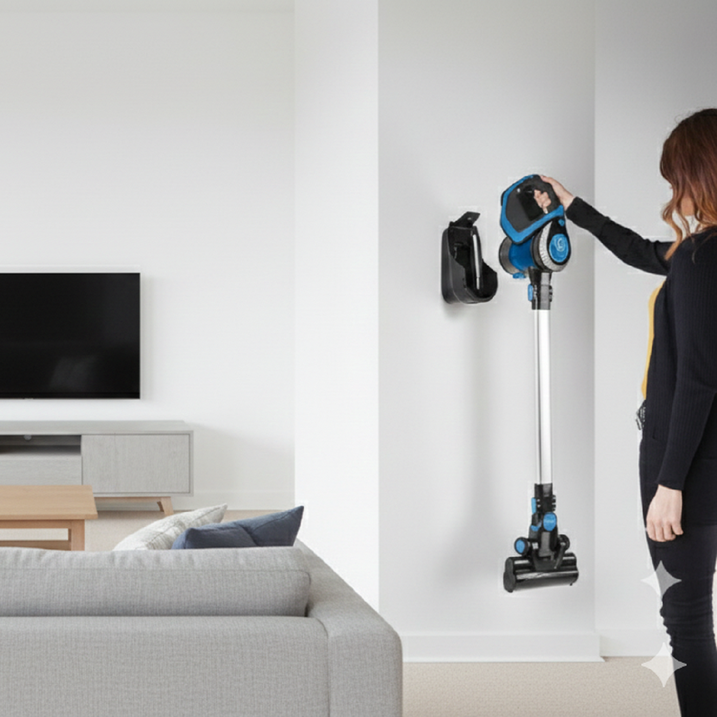 Balai Aspirateur sans fil AIRSTREAM - Personne accroche l'aspirateur au mur.