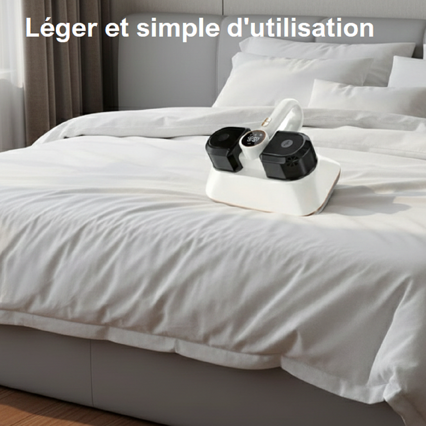 Aspirateur Spécial Matelas LG10 - l'Aspirateur est posé sur une couette de lit