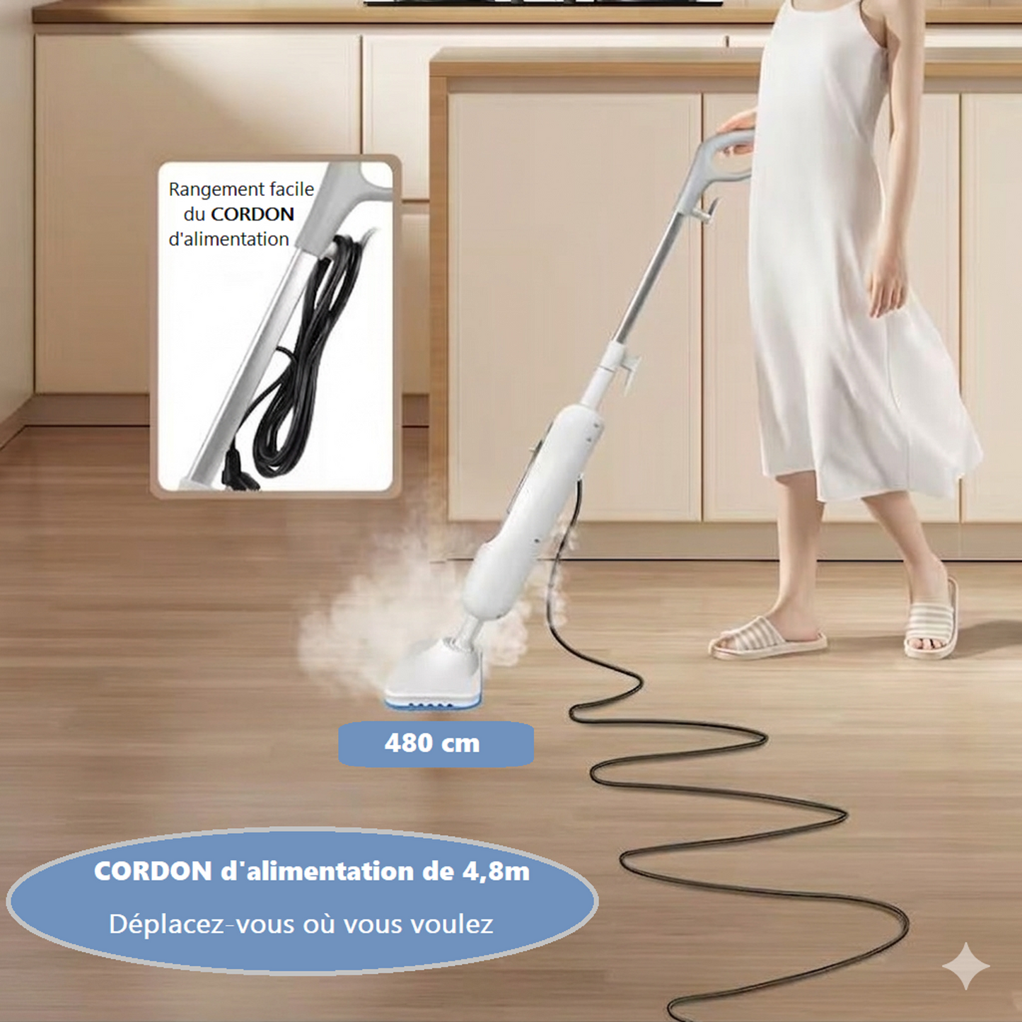 Balai vapeur CD-260 en utilisation sur carrelage | Aspi-France