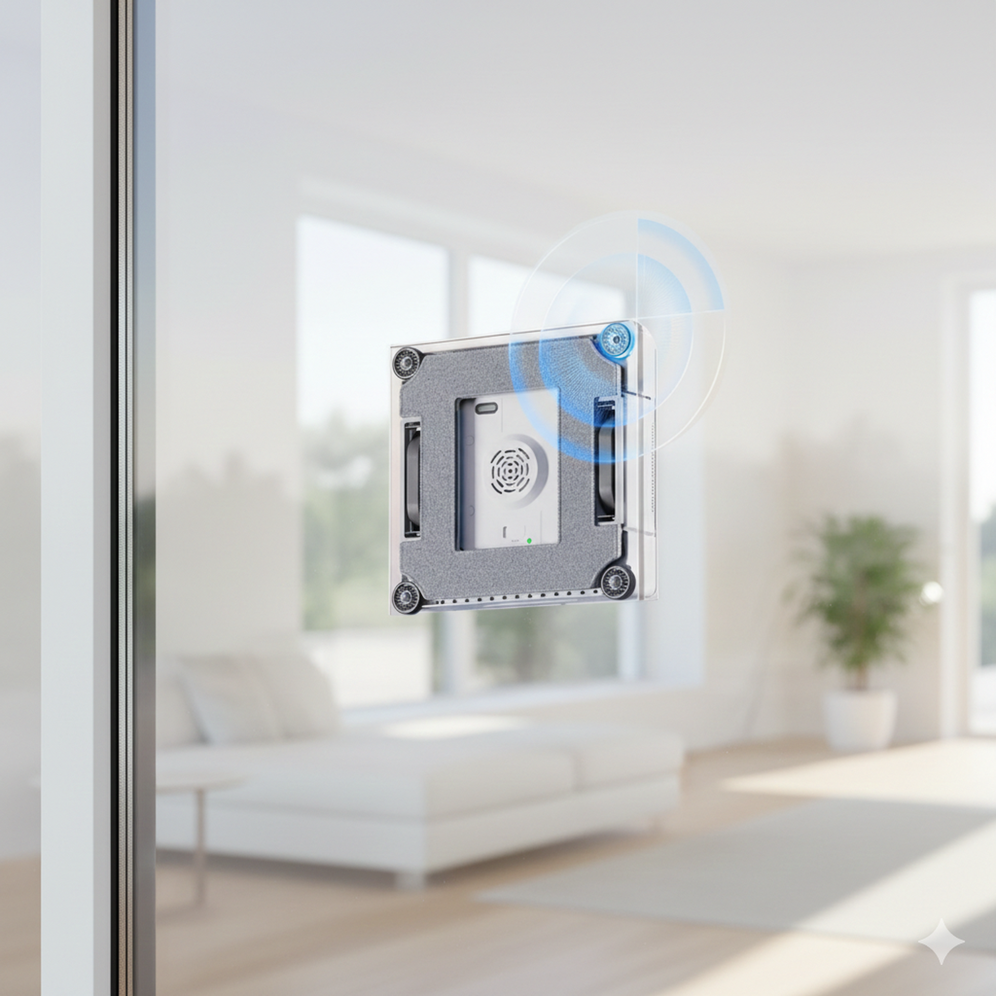 Robot sur vitre, vue de dessous qui montre les capteurs de vide