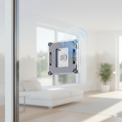 Robot sur vitre, vue de dessous qui montre les capteurs de vide