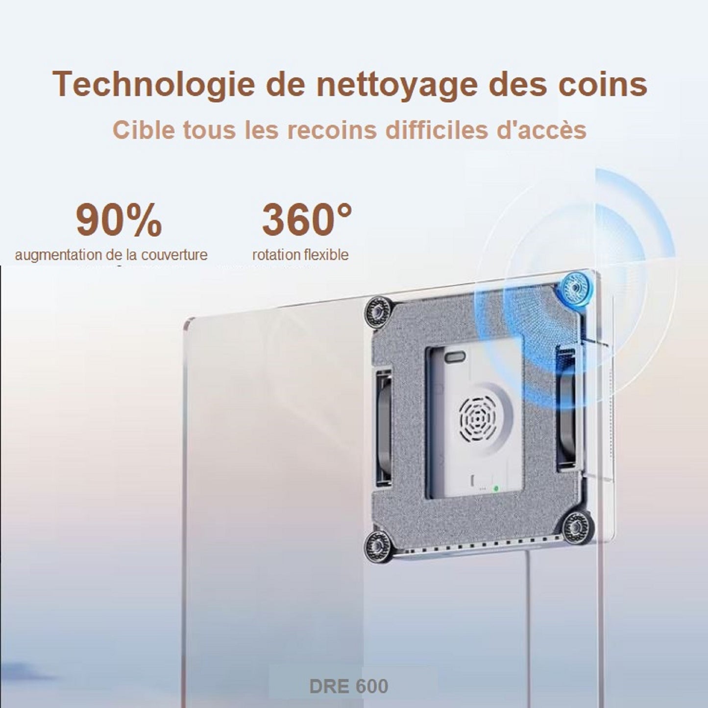 Robot sur vitre qui montre le nettoyage des angles.