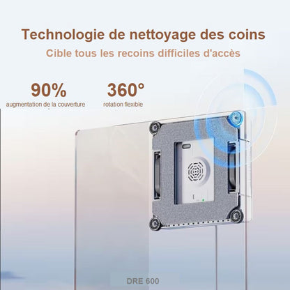Robot sur vitre qui montre le nettoyage des angles.