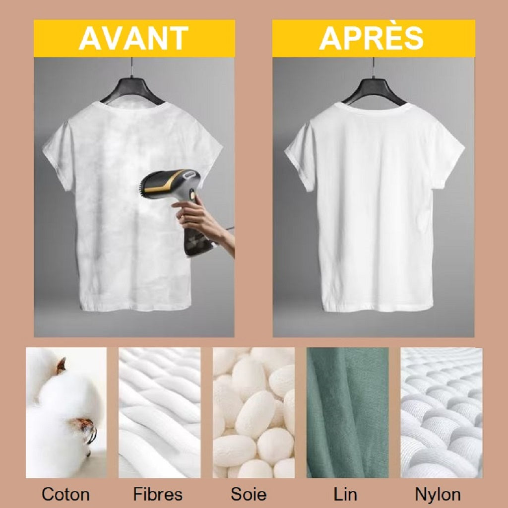 Défroisseur vapeur 1500W en utilisation sur vêtement avant et après| Aspi-France