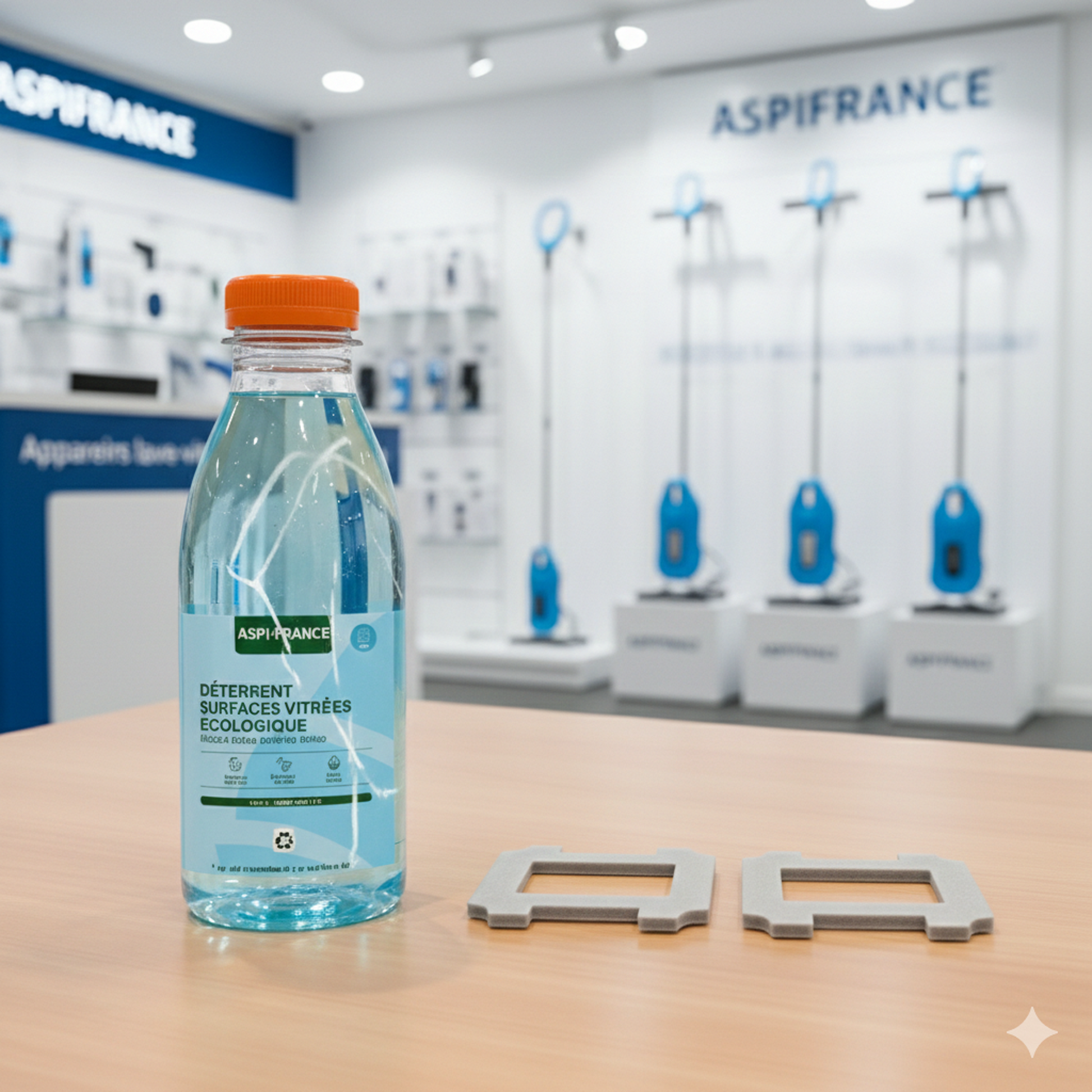 Bouteille de détergent + lot de 2 fibres de nettoyage AMG-12 posés sur une table dans la boutique ASPIFRANCE