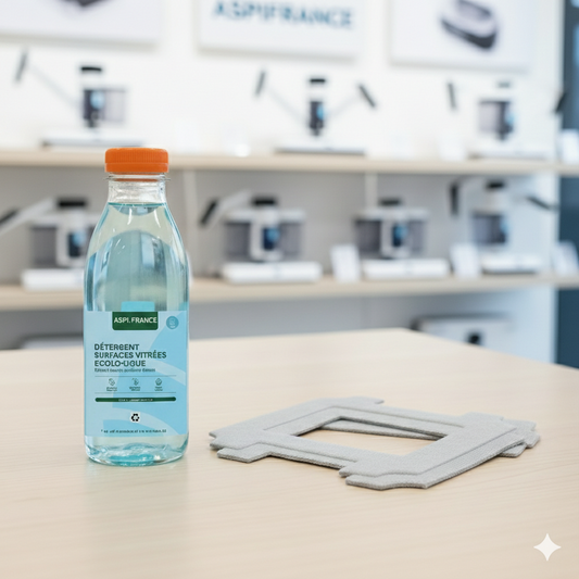 Bouteille de détergent pour vitres et fibres posés sur une table dans la boutique