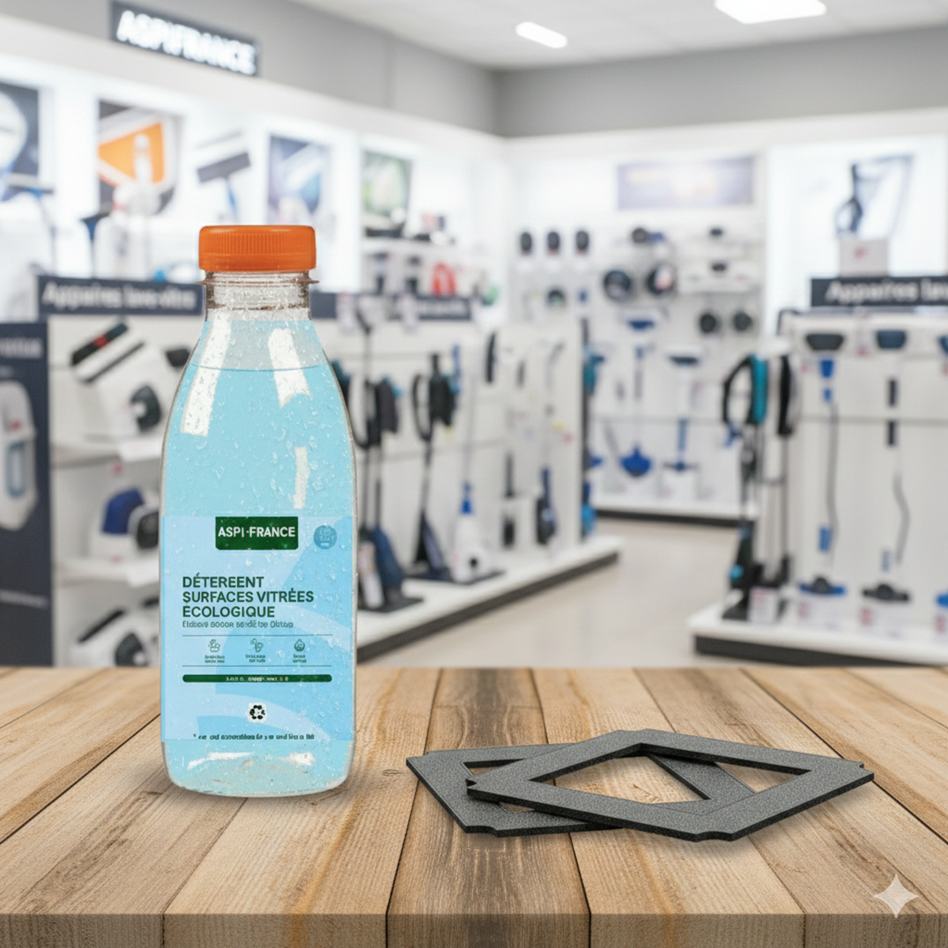 Détergent + fibres présentés sur une table