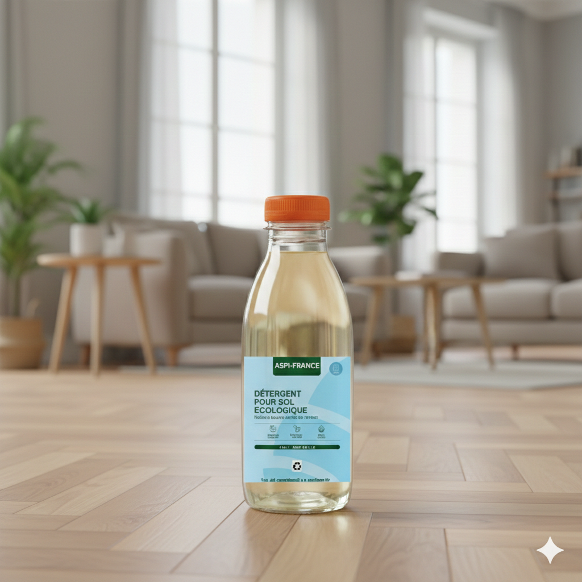 Bouteille de détergent posé sur un sol en  parquet
