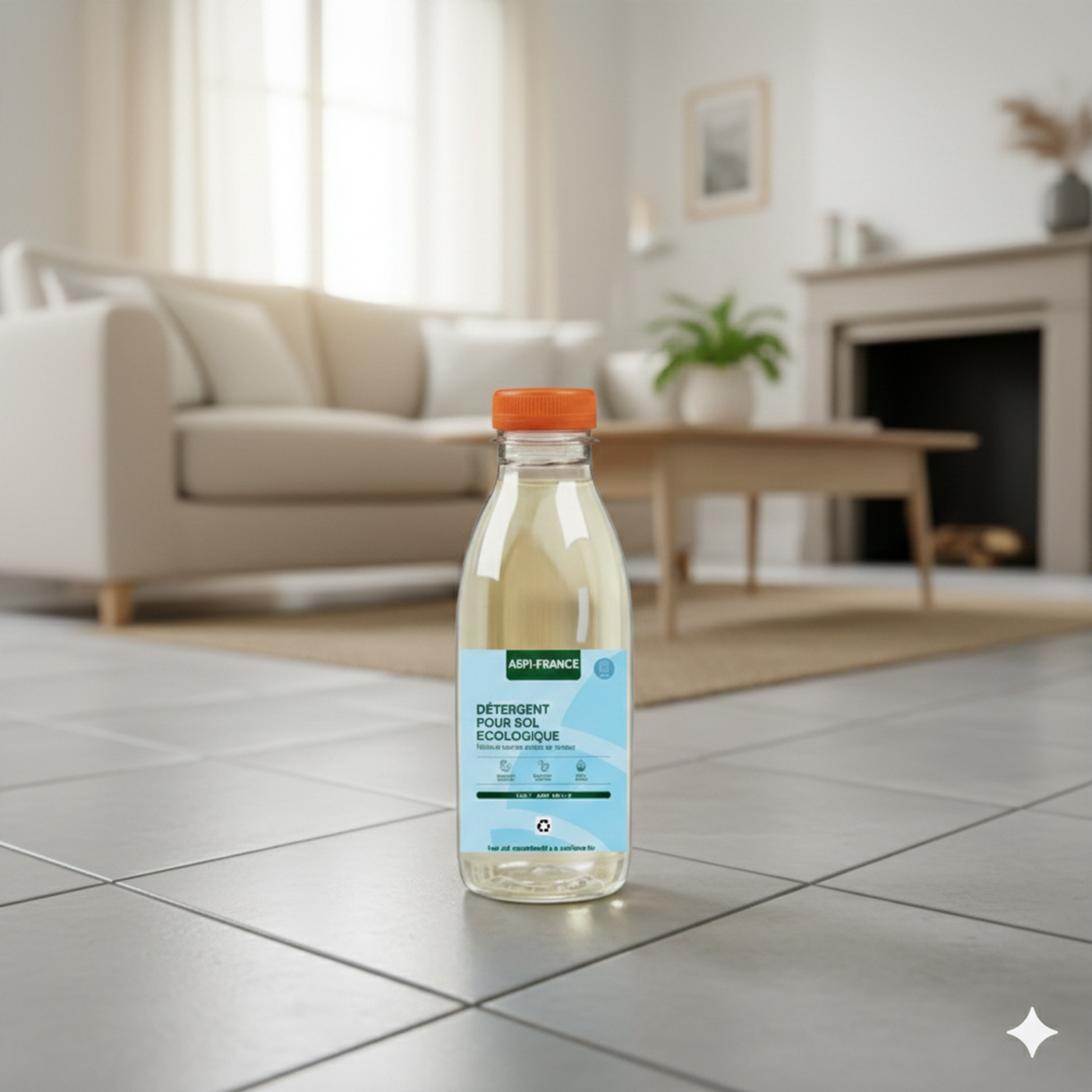 Bouteille de détergent posée sur un sol en carrelage