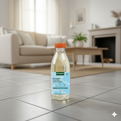 Bouteille de détergent posée sur un sol en carrelage