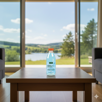 Bouteille de détergent posée sur une table devant une baie vitrée