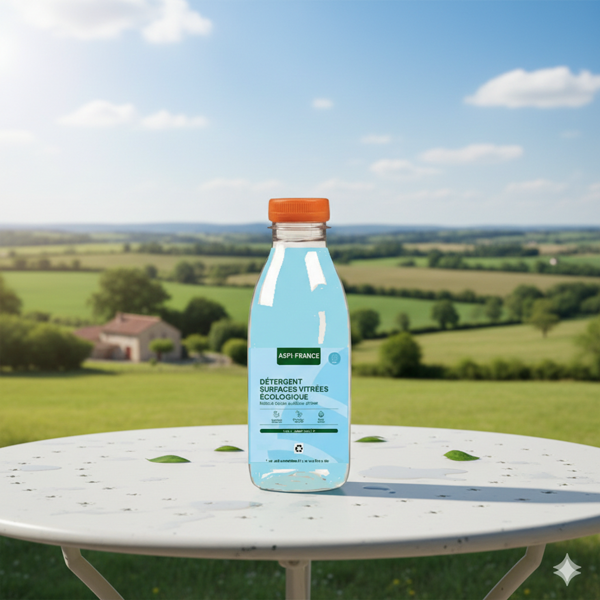 Bouteille de détergent posée sur une table de terrasse