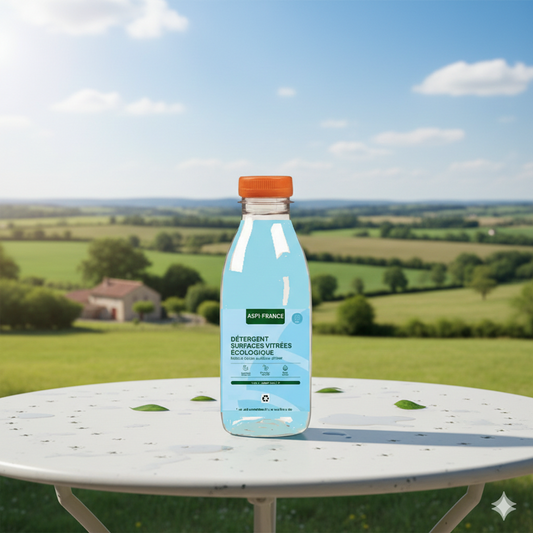 Bouteille de détergent posée sur une table de terrasse