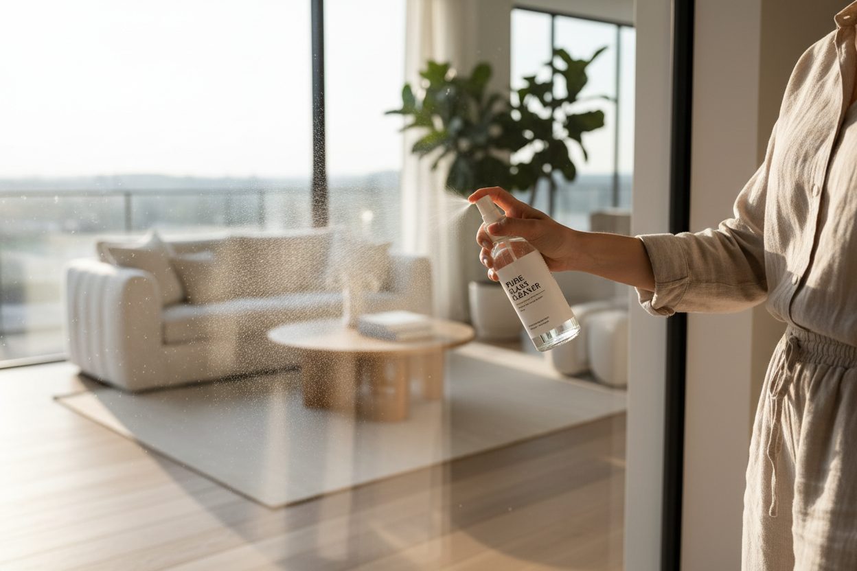 Personne en train de pulvériser une vitre avec le flacon 100ml pour robot lave-vitre