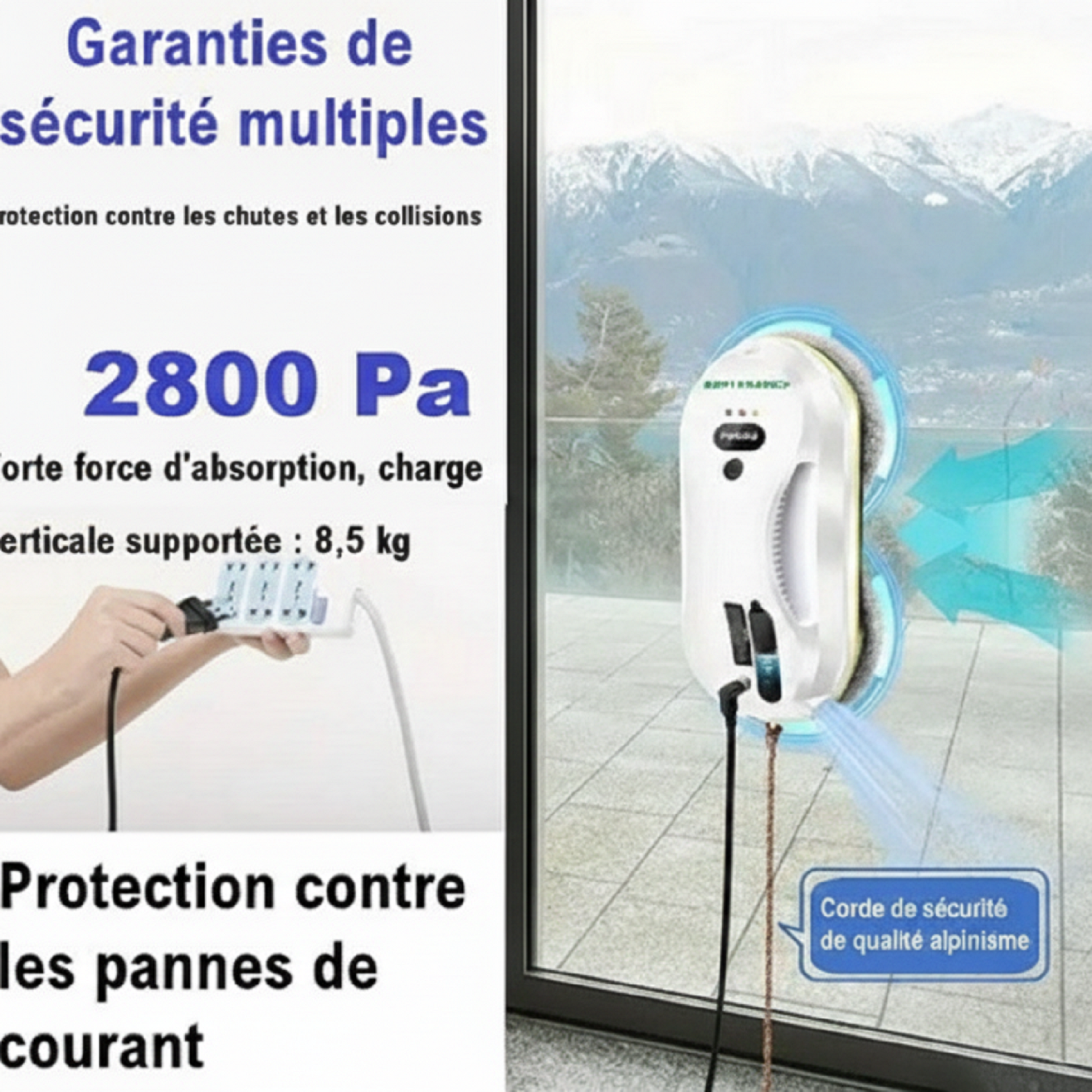 Robot Lave-Vitre -  RLV-08 - puissance de 2800Pa - Sécurité