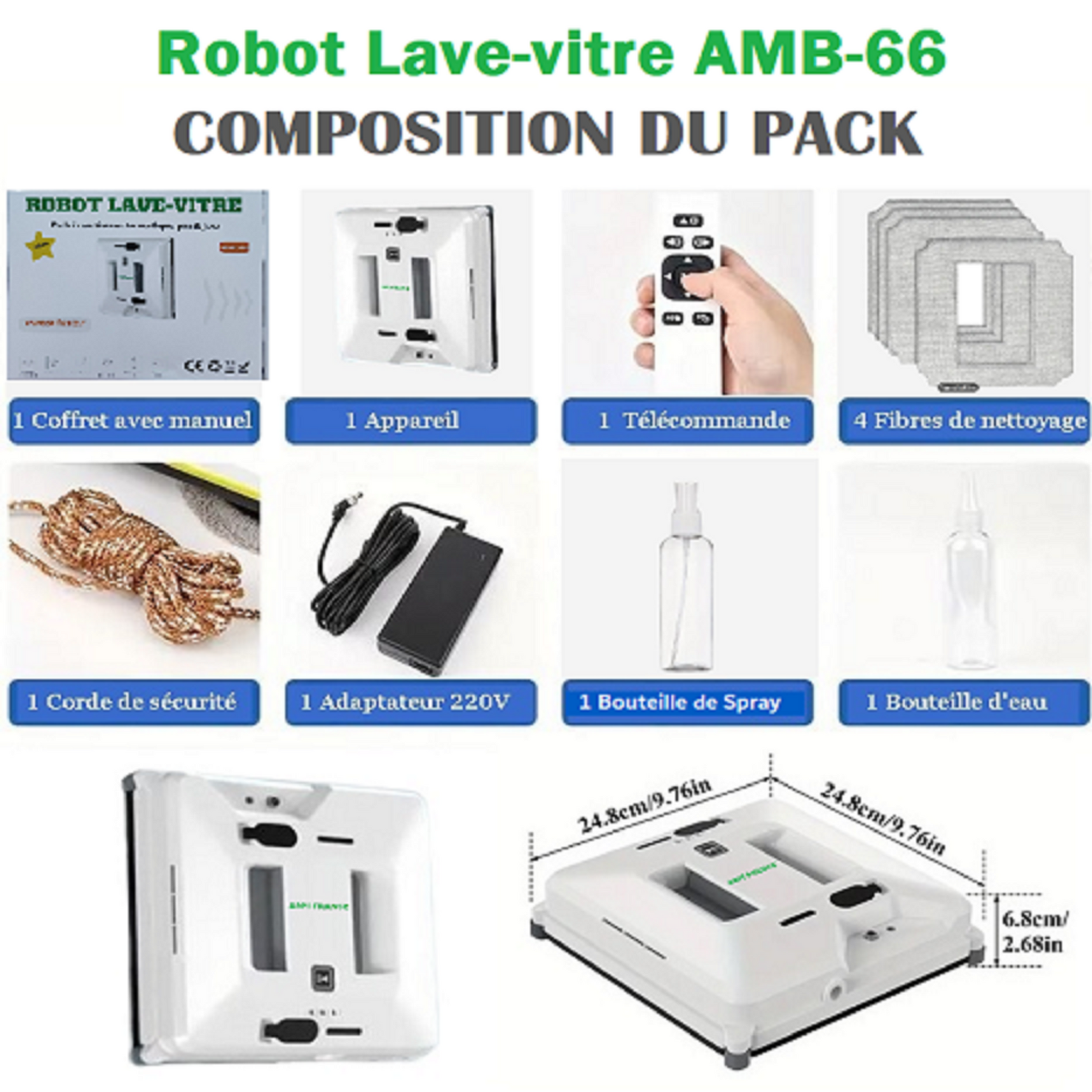 Robot nettoyeur de vitres AMB-66 en fonctionnement sur baie vitrée avec système d'aspiration