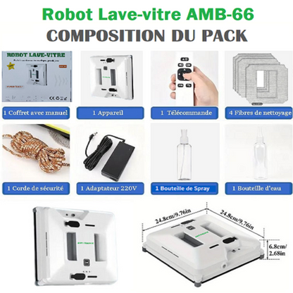 Robot nettoyeur de vitres AMB-66 en fonctionnement sur baie vitrée avec système d'aspiration
