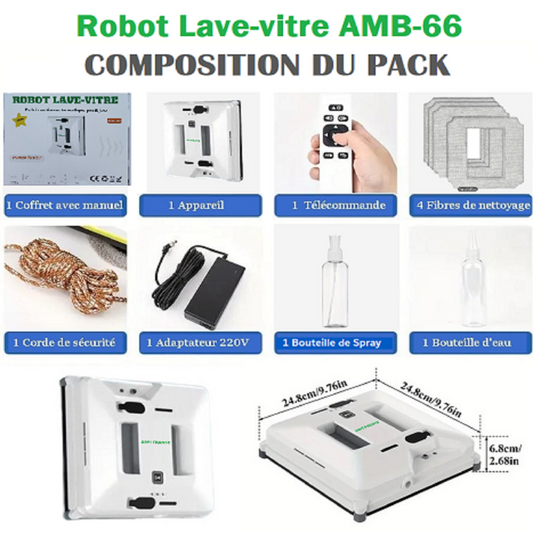 Robot nettoyeur de vitres AMB-66 en fonctionnement sur baie vitrée avec système d'aspiration