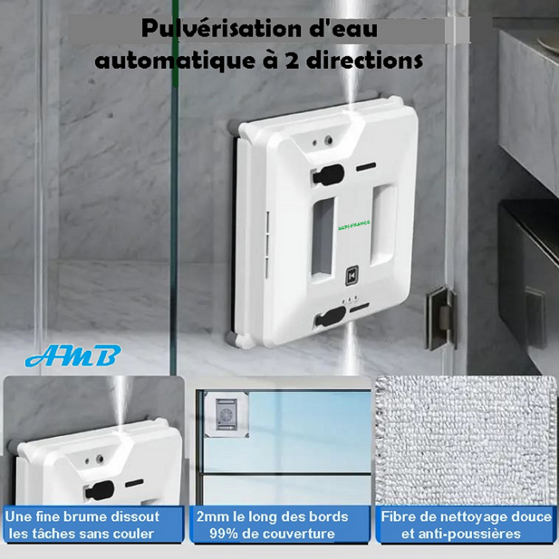 Détails techniques robot lave-vitre AMB-66 - moteur puissant et patins microfibre lavables