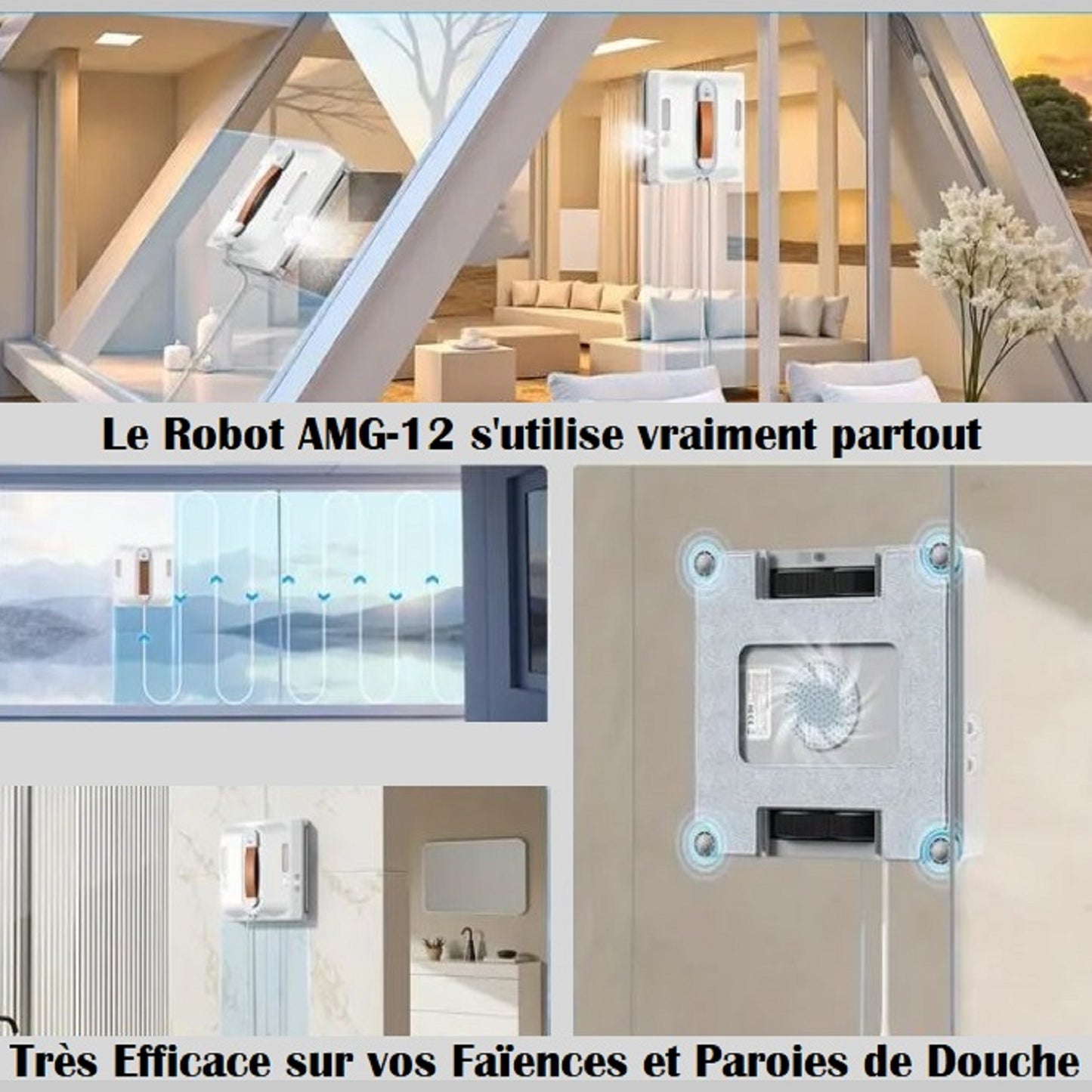 Robot lave-vitre AMG12 Robot en action sur différentes surfaces