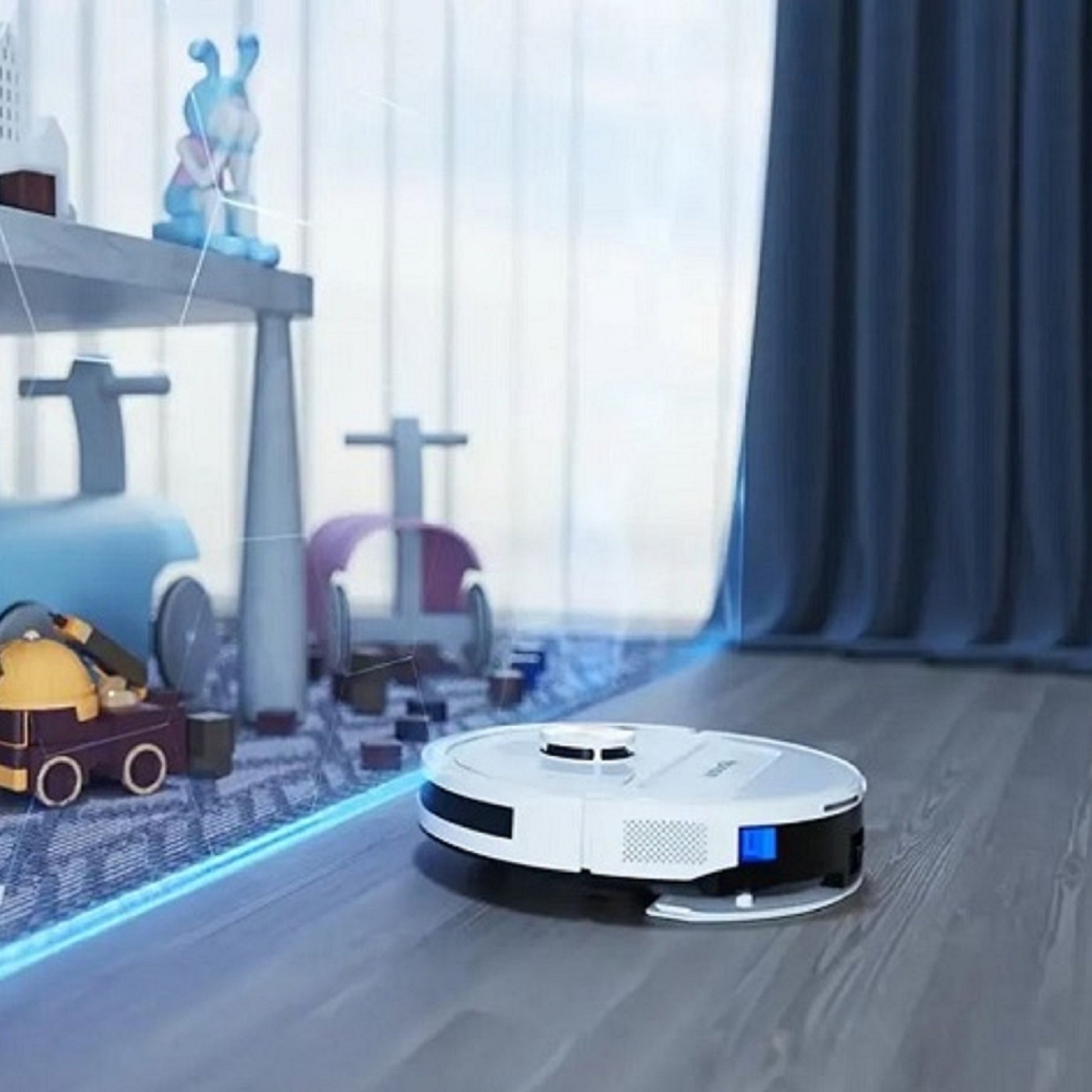 Robot Aspirateur/Laveur S9 - Le robot est posé sur le parquet gris.