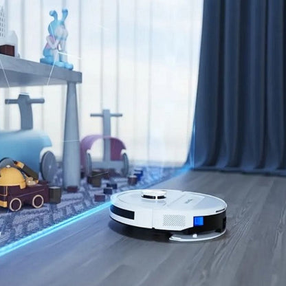 Robot Aspirateur/Laveur S9 - Le robot est posé sur le parquet gris.