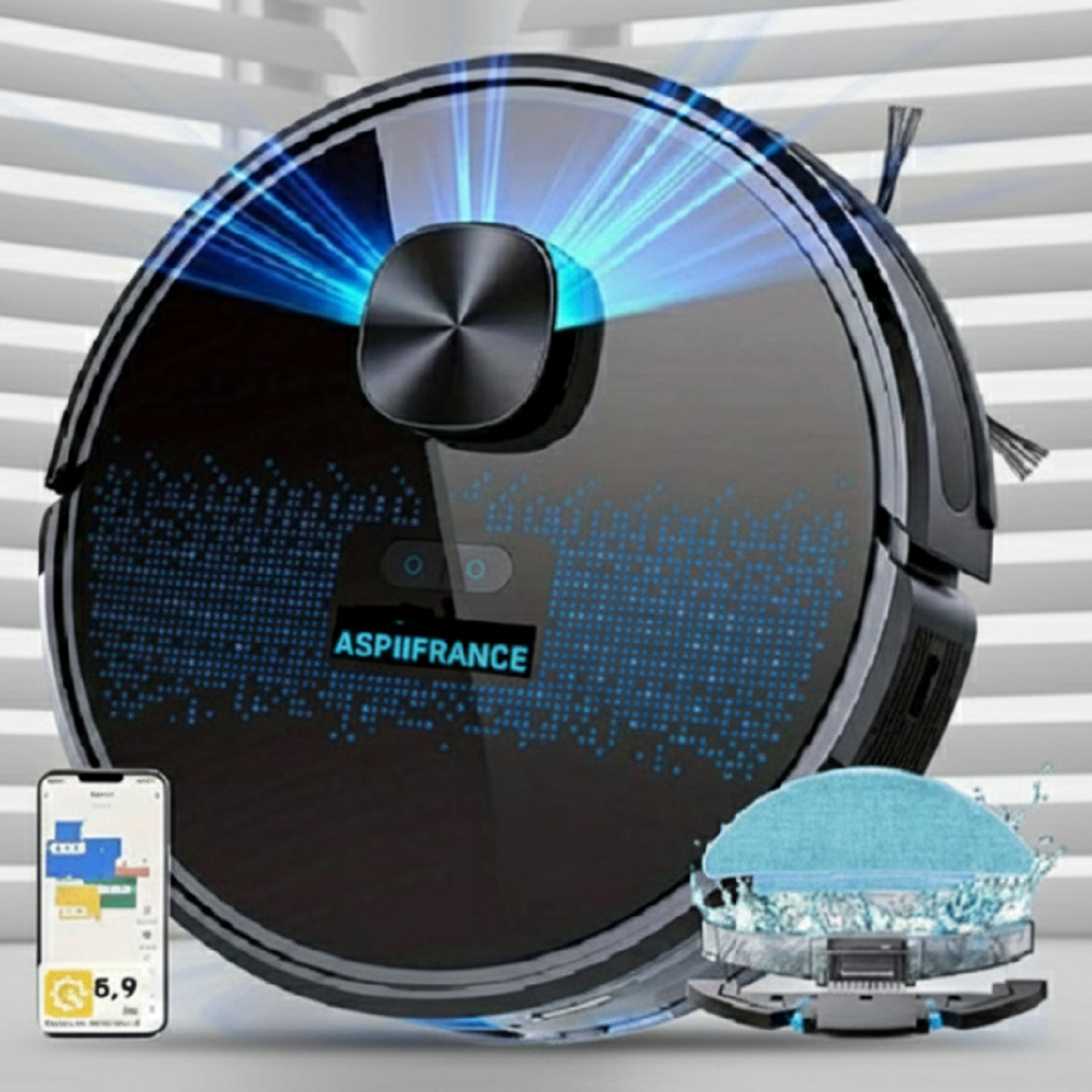 Robot Aspirateur/Laveur SL60D - Présentation du produit sur fond de lamelles grises.