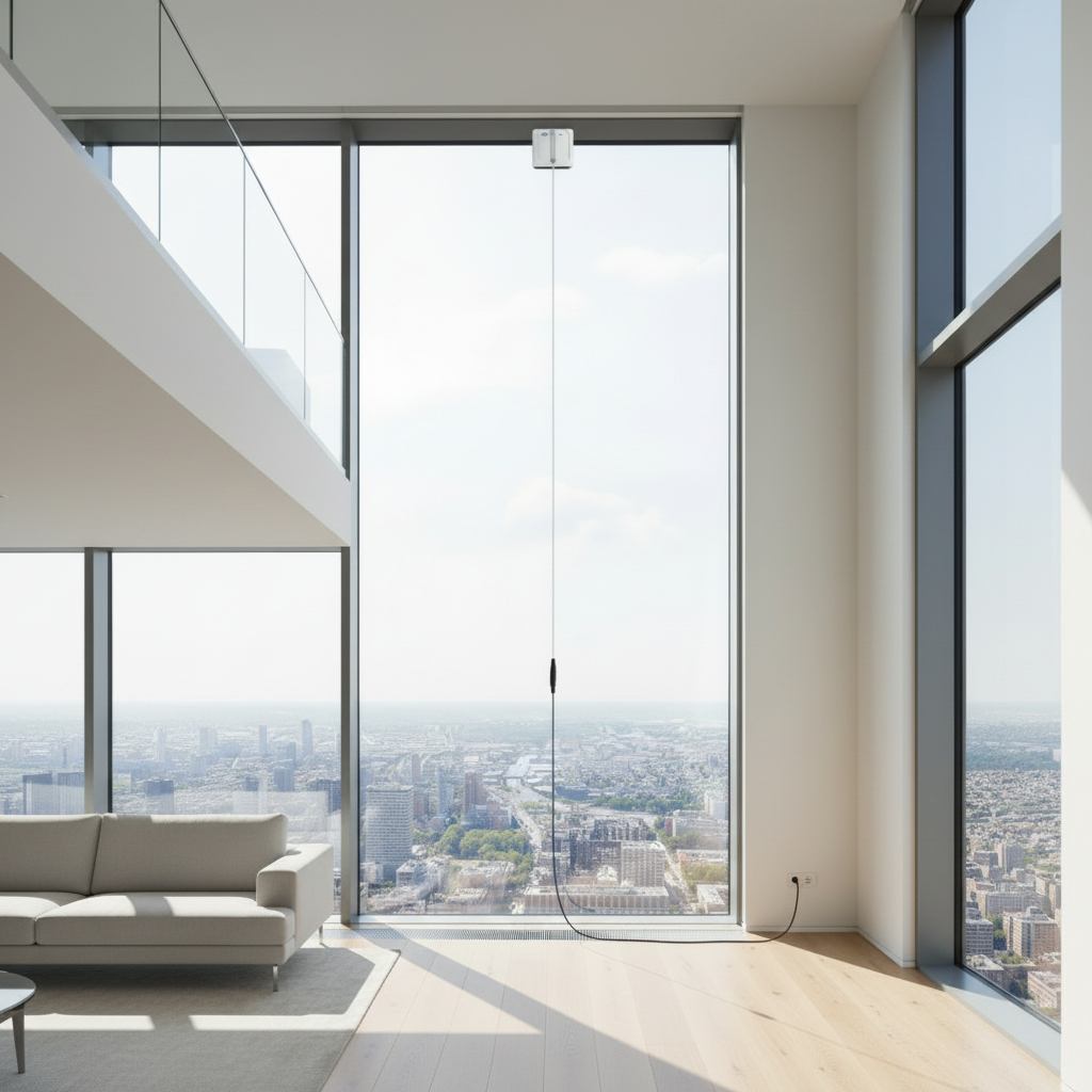 Robot lave-vitre EDC-300 sur immense vitre panoramique avec cordon blanc, raccord et rallonge noire de 4 m jusqu'à la prise – vue intérieure appartement moderne