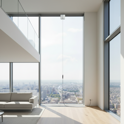 Robot lave-vitre EDC-300 sur immense vitre panoramique avec cordon blanc, raccord et rallonge noire de 4 m jusqu'à la prise – vue intérieure appartement moderne